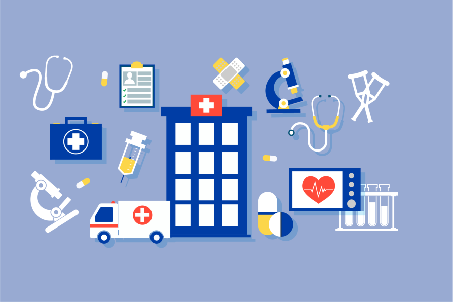 Hospital, ambulancia, monitor, medicación, estetoscopio y otros símbolos vinculados a servicios de salud.